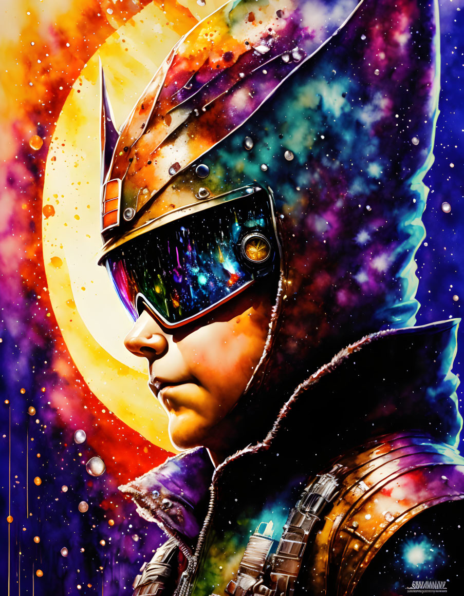 Colorful portrait of person in futuristic helmet and suit with cosmic galaxy motif.