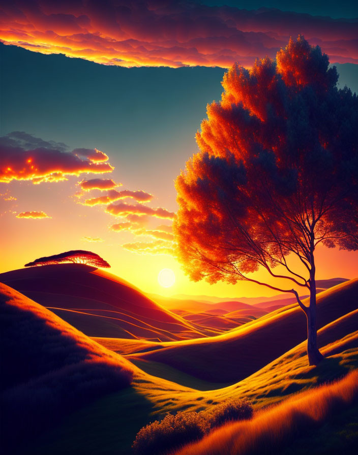 Colorful sunset over green hills with lone tree