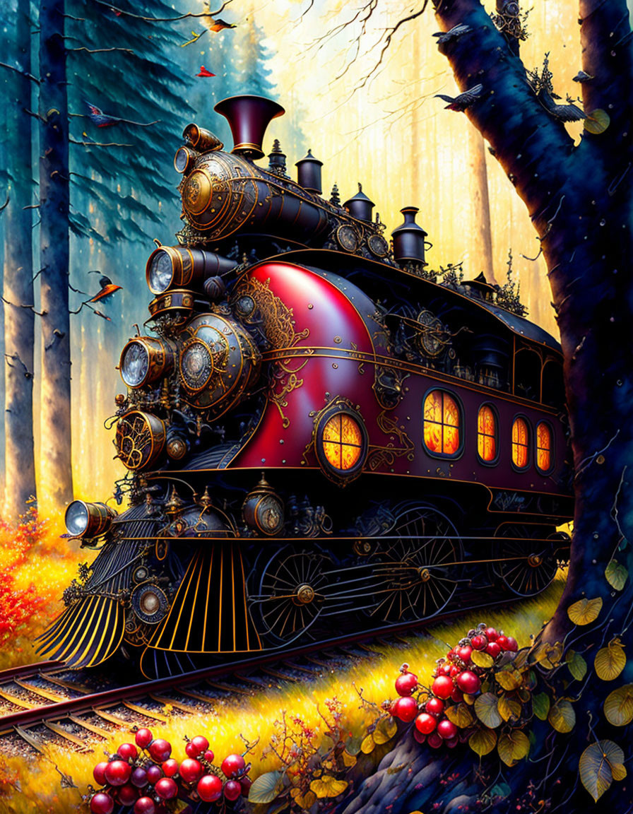 Intricately designed steam locomotive in fantastical autumn forest