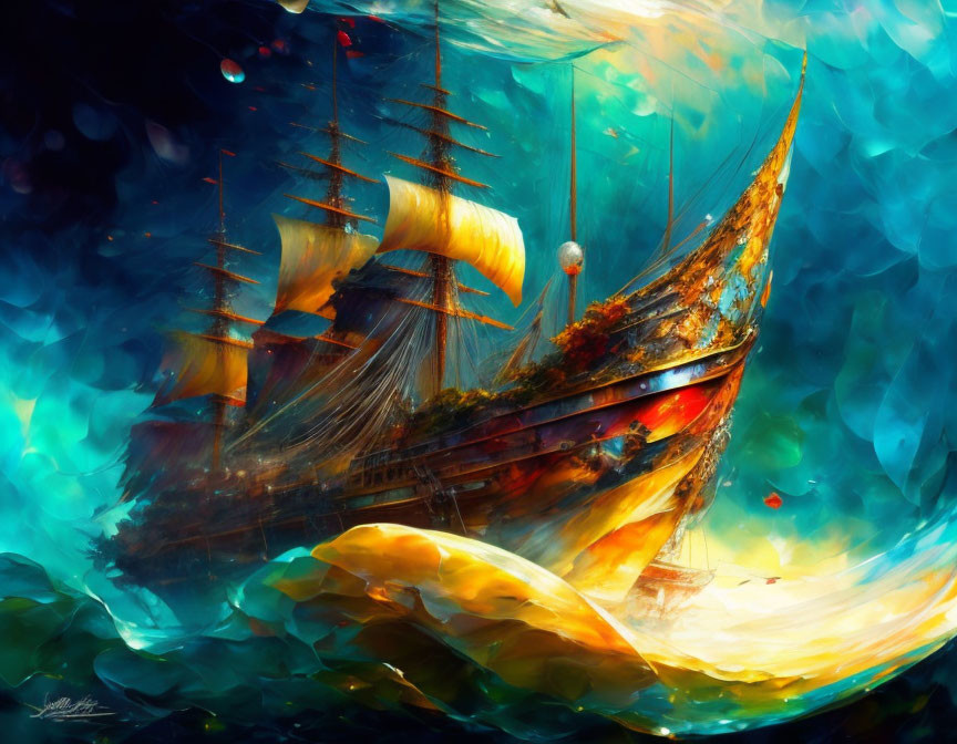 Colorful digital painting: ship with golden sails in surreal sea