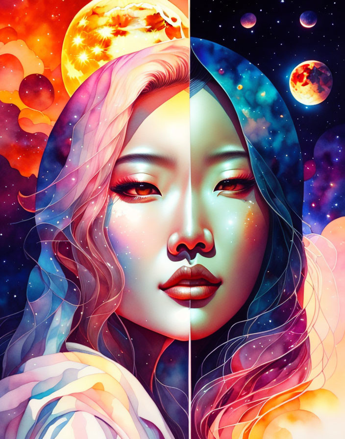 Cosmic-themed digital artwork of a woman's face