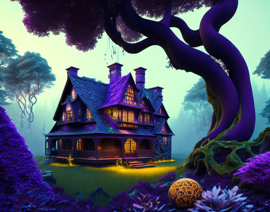 Twilight scene: Whimsical house and purple tree in mystical forest