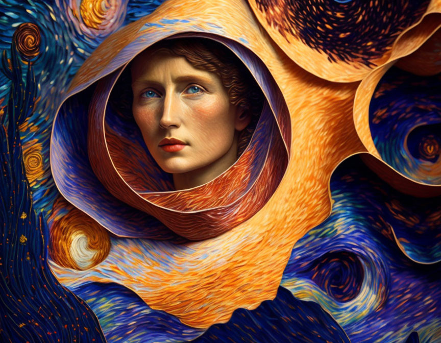 Abstract painting features woman's face in swirling blue and orange pattern