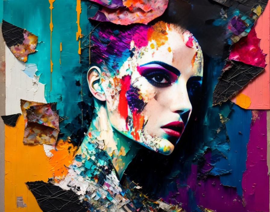 Colorful abstract art: Woman's portrait with vibrant splashes and textures