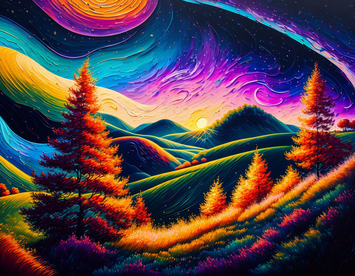 Colorful landscape painting: rolling hills, pine trees, multicolored sky, stars, sun