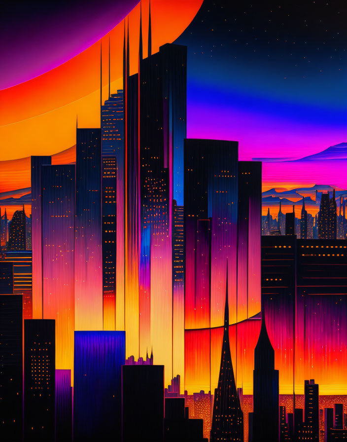 Colorful surreal cityscape with skyscrapers against sunset sky.