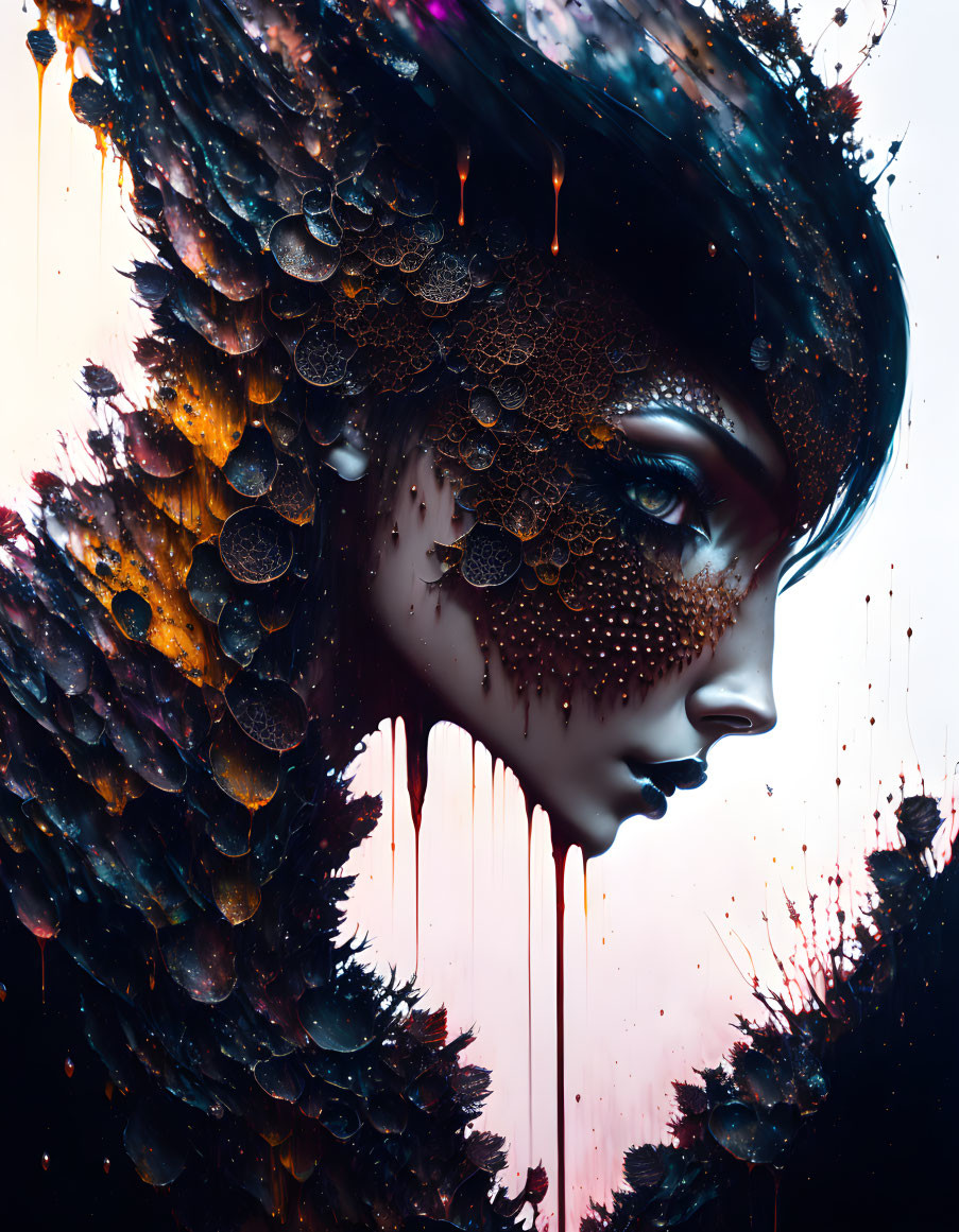 Surreal portrait of person with dark feathered headpiece on colorful background