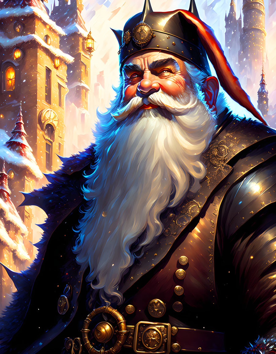 Armored Santa Claus-like character in winter castle scene