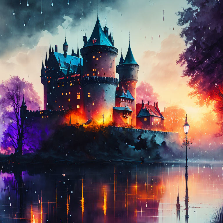 Majestic castle at dusk with vibrant sunset hues and ornate lamps in a mystical setting