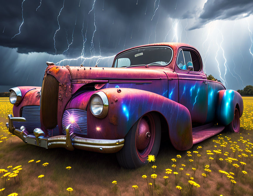 Colorful Vintage Car in Yellow Flower Field under Stormy Sky