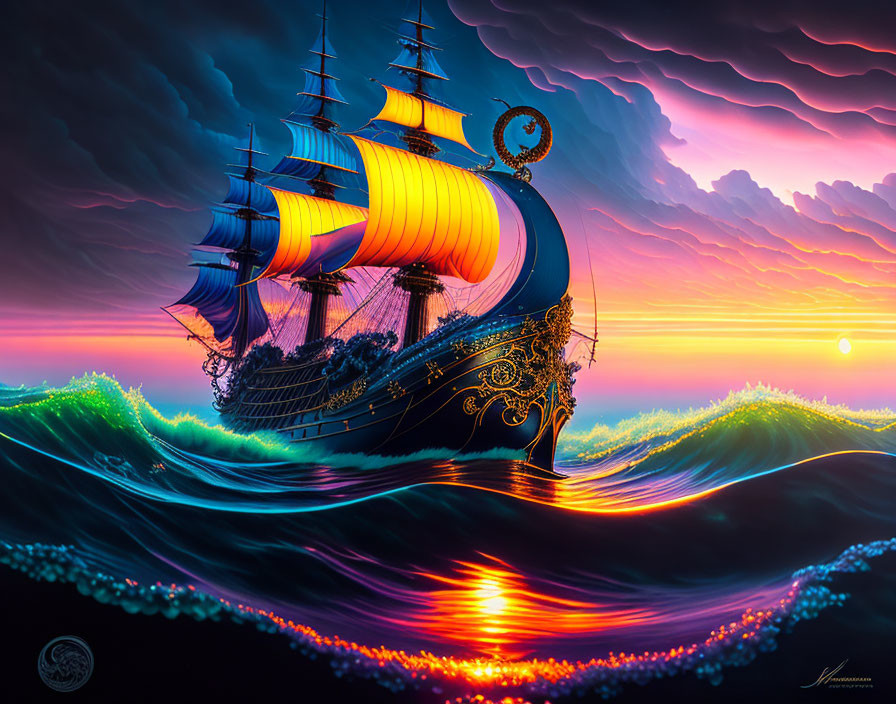 Digital artwork: Ornate sailing ship with illuminated sails on glowing ocean waves at sunset