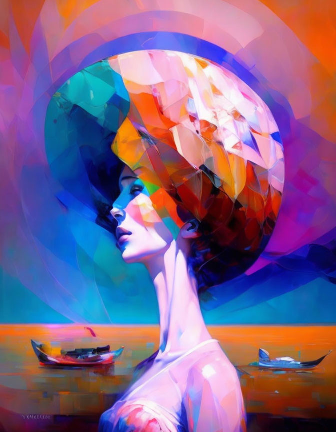 Vibrant digital art: Woman in profile with abstract hat, boats on serene water