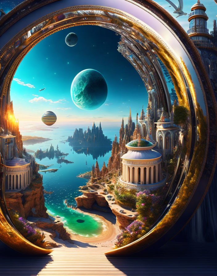 Fantastical portal view of alien landscape with majestic architecture