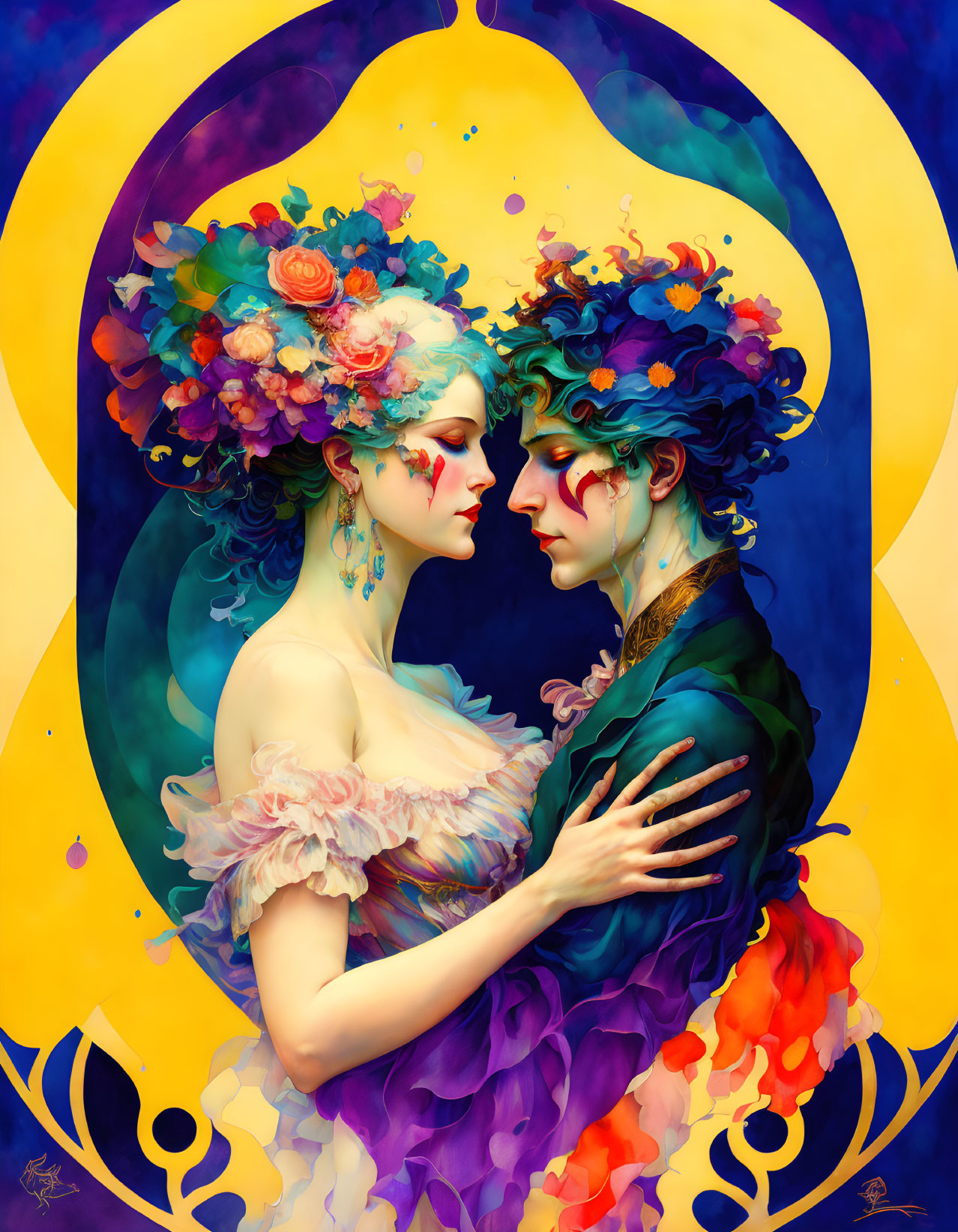 Stylized figures with floral headpieces in embrace on vibrant background