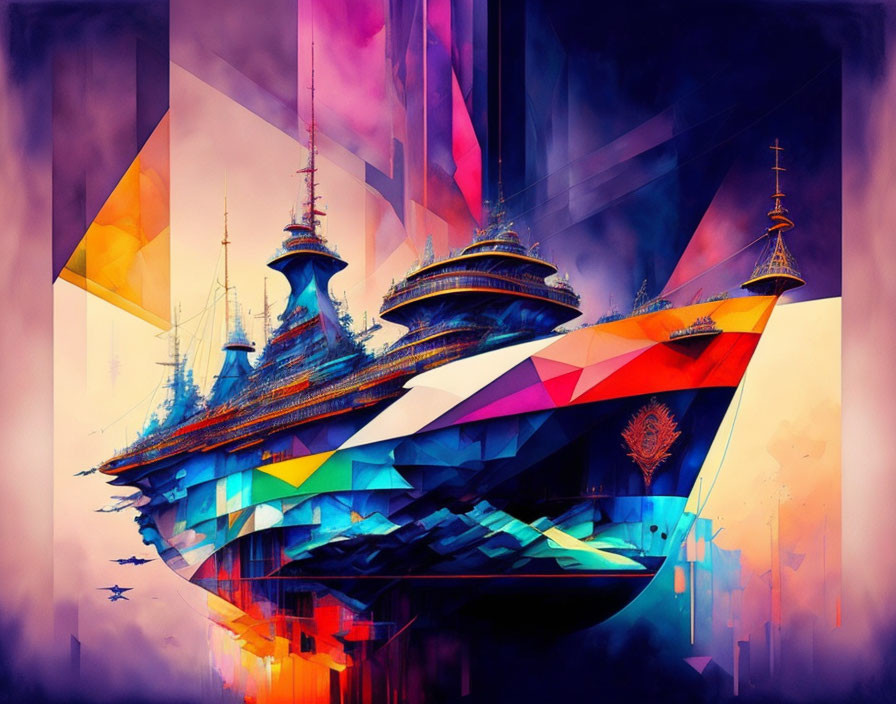 Vibrant abstract digital art with geometric shapes and futuristic structures