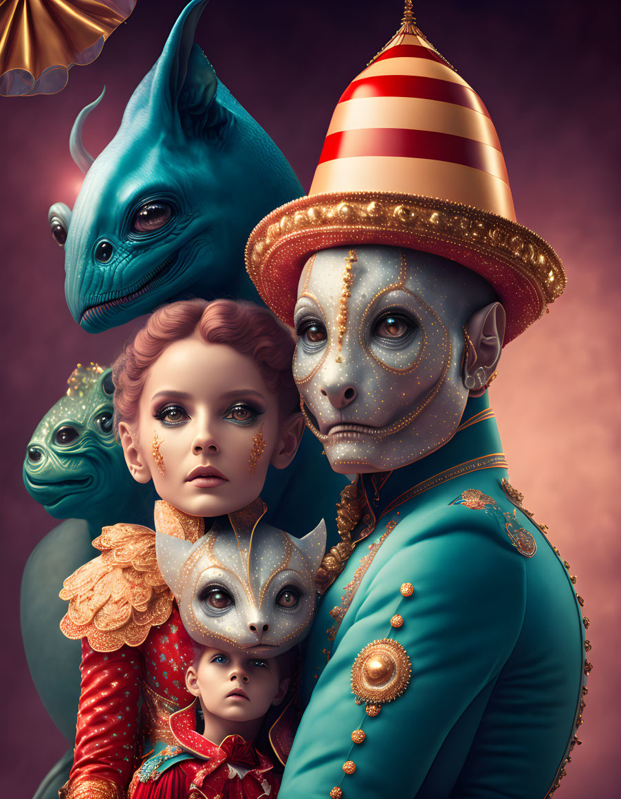 Family portrait with alien features, fantasy creatures, and whimsical setting
