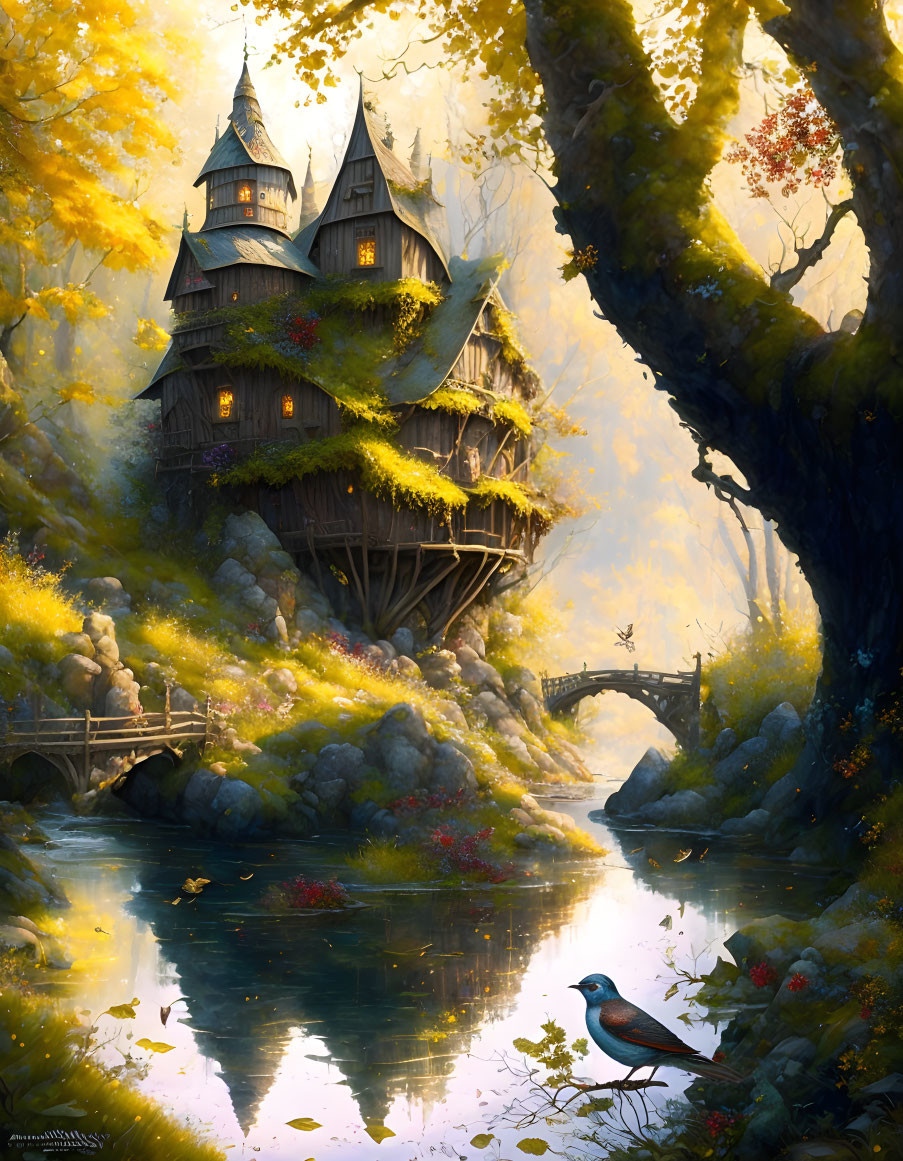 Enchanted multi-tiered treehouse in autumn scenery with river, stone bridge, and bird.