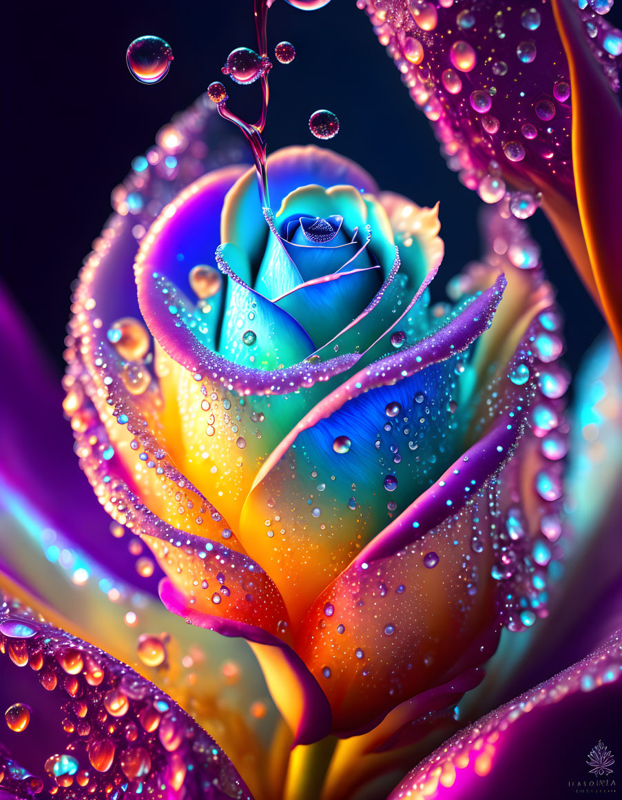 Colorful Digital Rose with Water Droplets