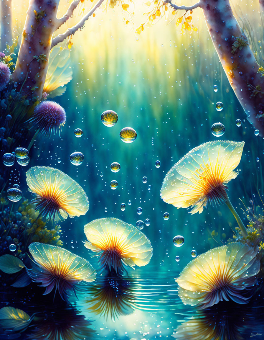 Enchanting forest scene with sunlight, reflective water, bubbles, and yellow flowers