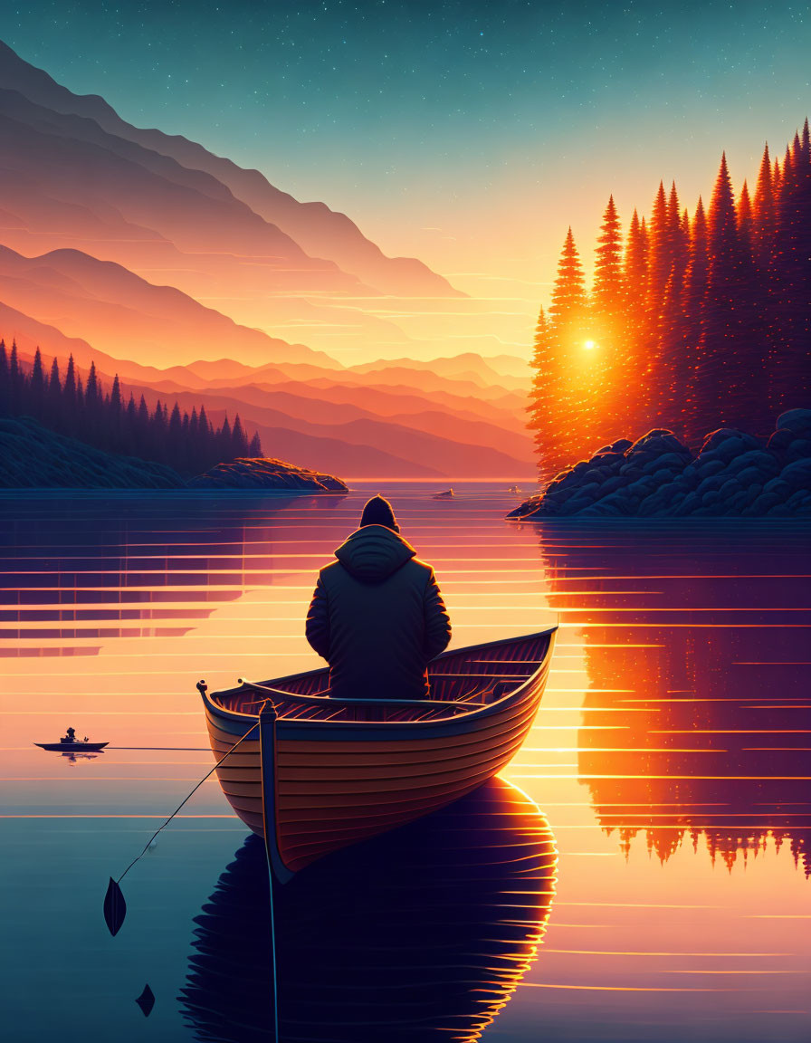 Person in boat at sunset on calm lake with forest, mountains, and starry sky