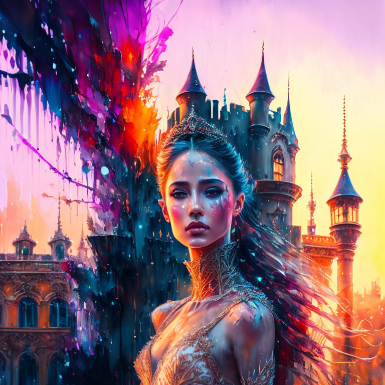 Regal woman with crown in front of vibrant, magical castle