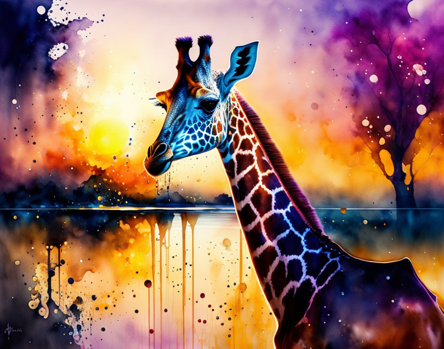 Vibrant Giraffe Artwork with Dripping Paint on Sunset Background