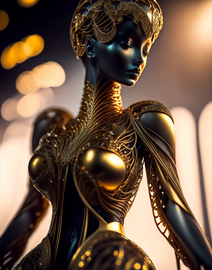 Intricate Golden Robotic Figure in Warm Light