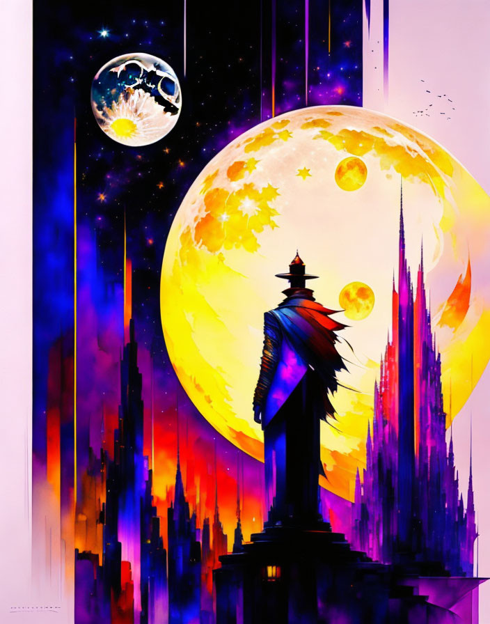 Fantasy artwork: Cloaked figure, neon cityscape, spires, starry sky, multiple