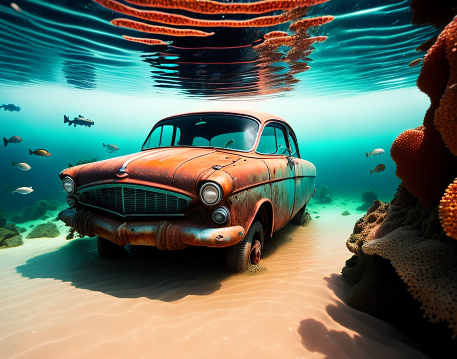 Rusted vintage car underwater with coral, fish, and light streaks