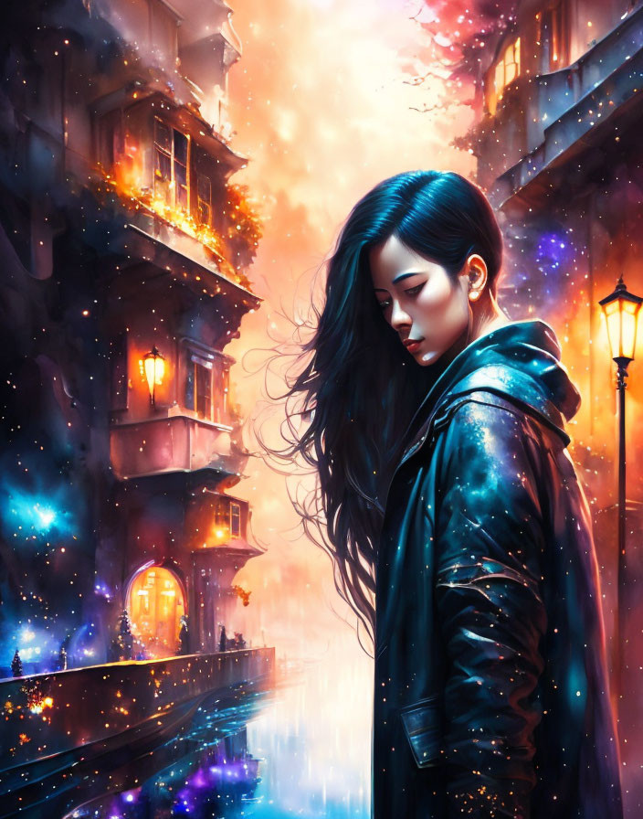Pensive woman in black leather jacket in colorful urban alley with cosmic hair glow