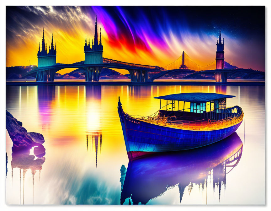 Colorful artwork: Traditional boat on calm water with fantasy towers and dramatic sky