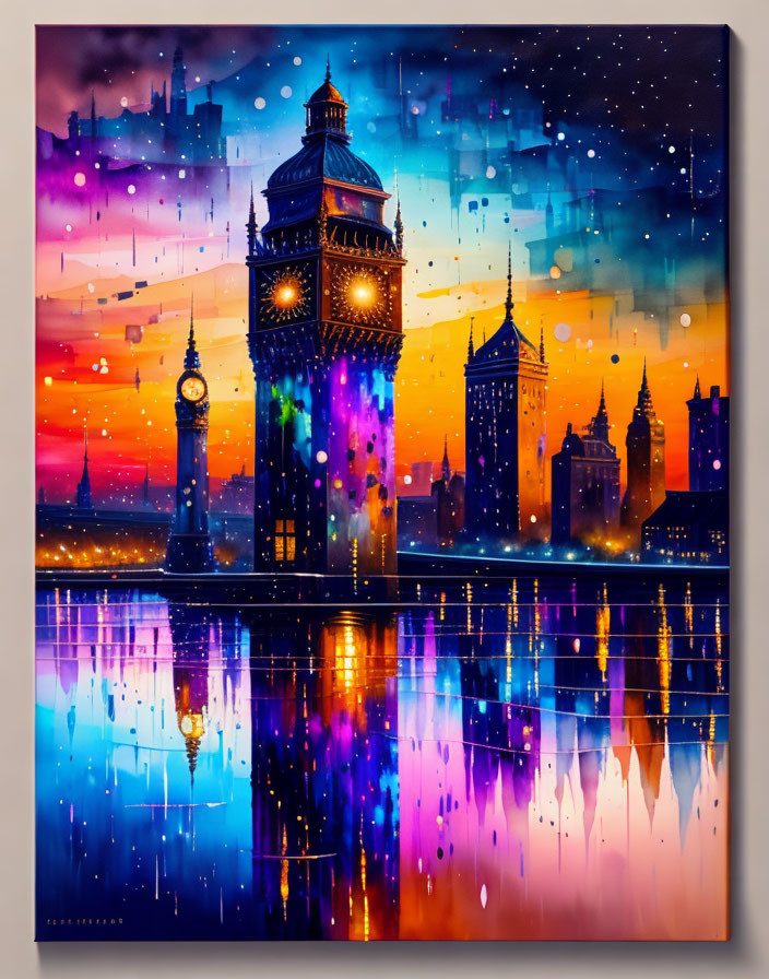 Abstract painting of Big Ben and London skyline at sunset with water reflections