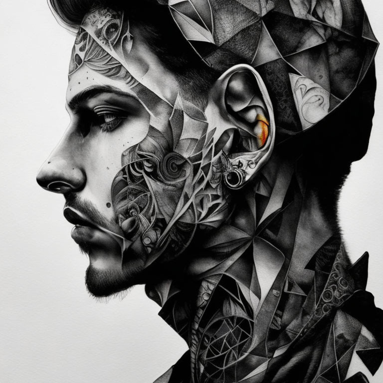 Detailed monochromatic profile illustration with intricate geometric and ornamental tattoos.