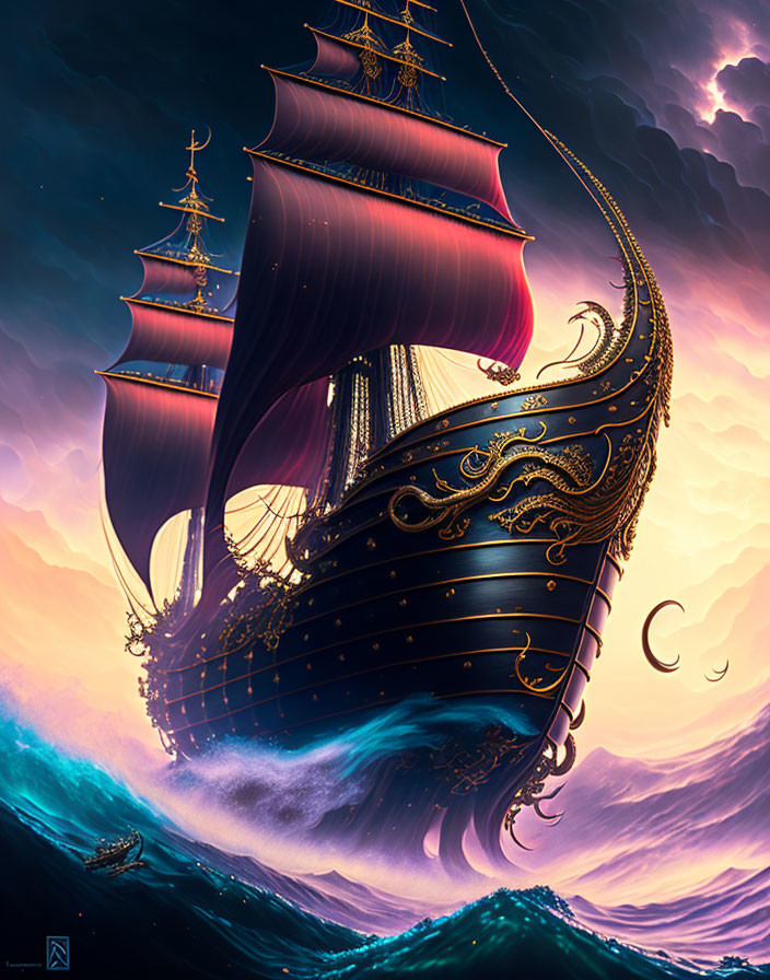 Fantastical ship with crimson sails on turbulent waves