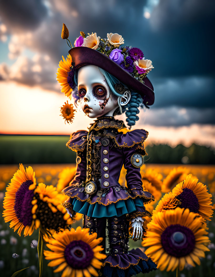 Doll with skeletal face in vintage outfit among sunflowers