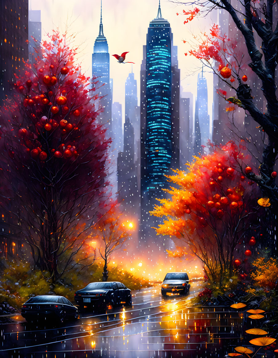 Colorful autumn cityscape in rain with wet street, vibrant trees, and twilight sky.