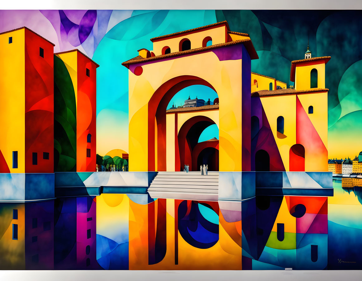 Vibrant painting of bridge, gate, abstract buildings, water reflection, and vibrant sky