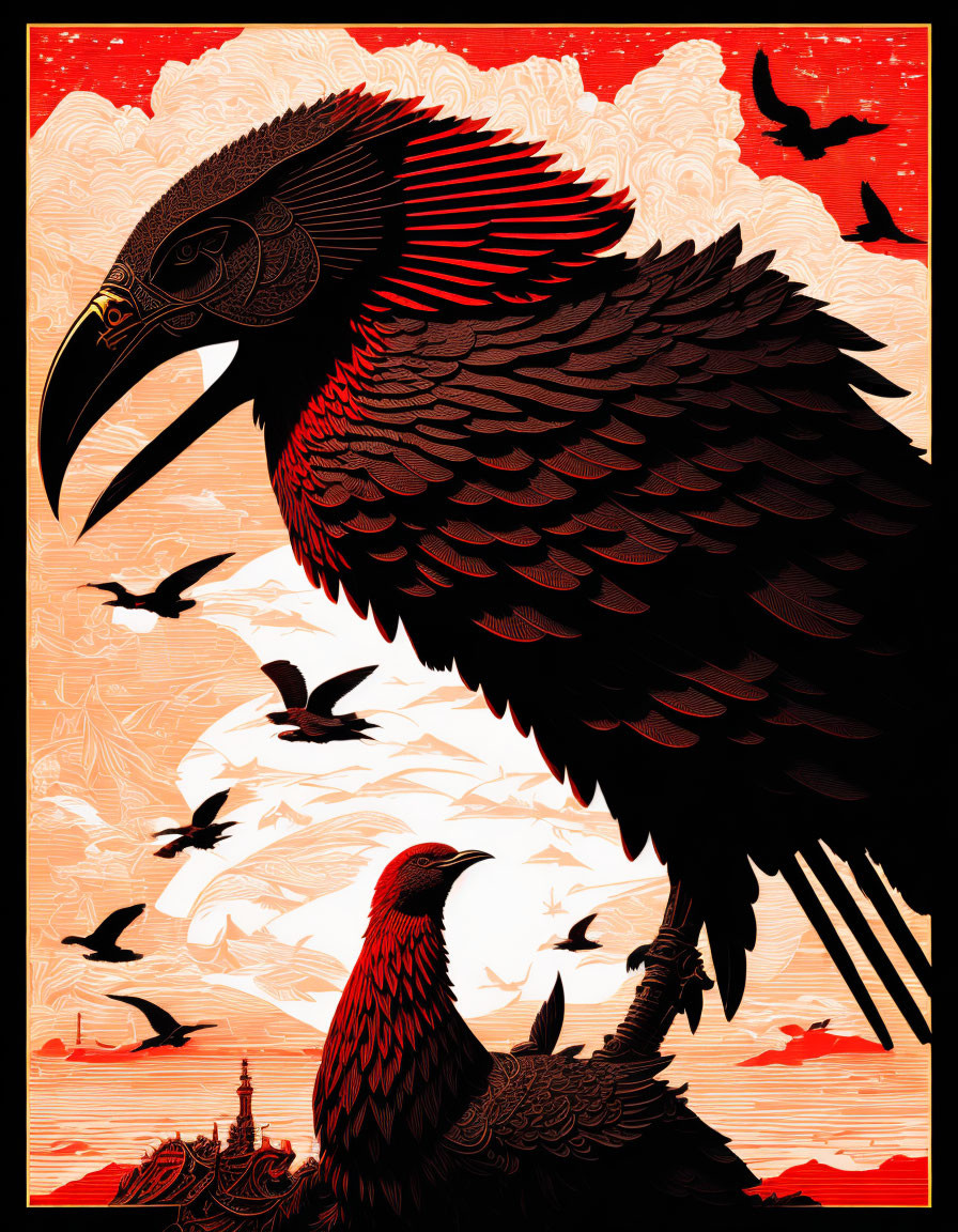 Stylized graphic image of black raven on red cream background