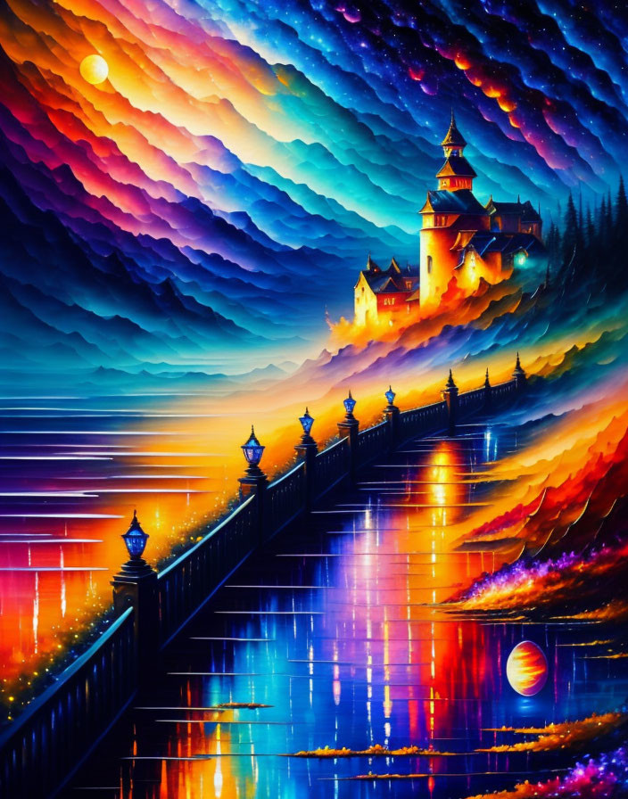 Colorful Castle Painting on Cliff with Bridge and Lights