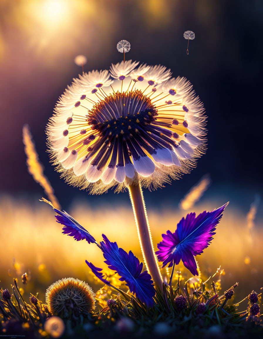 Backlit dandelion and seeds in purple wildflower field at sunset