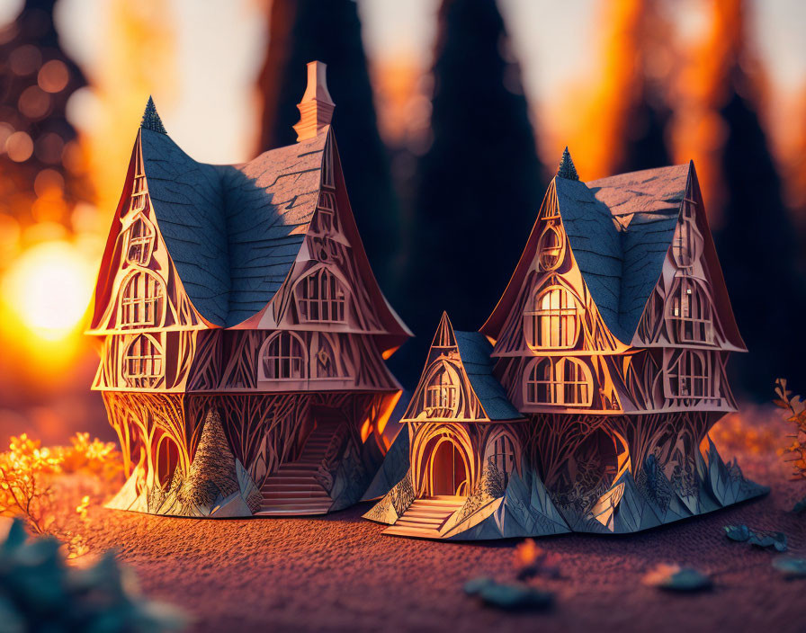 Detailed paper model houses against warm sunset with plants on textured surface