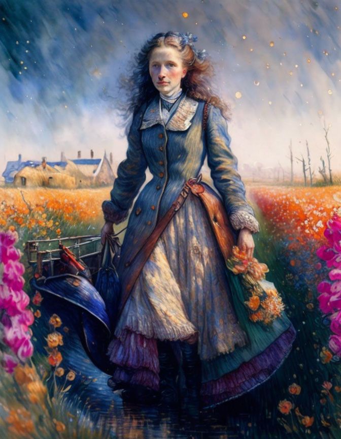 Young woman walking through blooming field with house in distance, holding flowers and violin case, dreamy