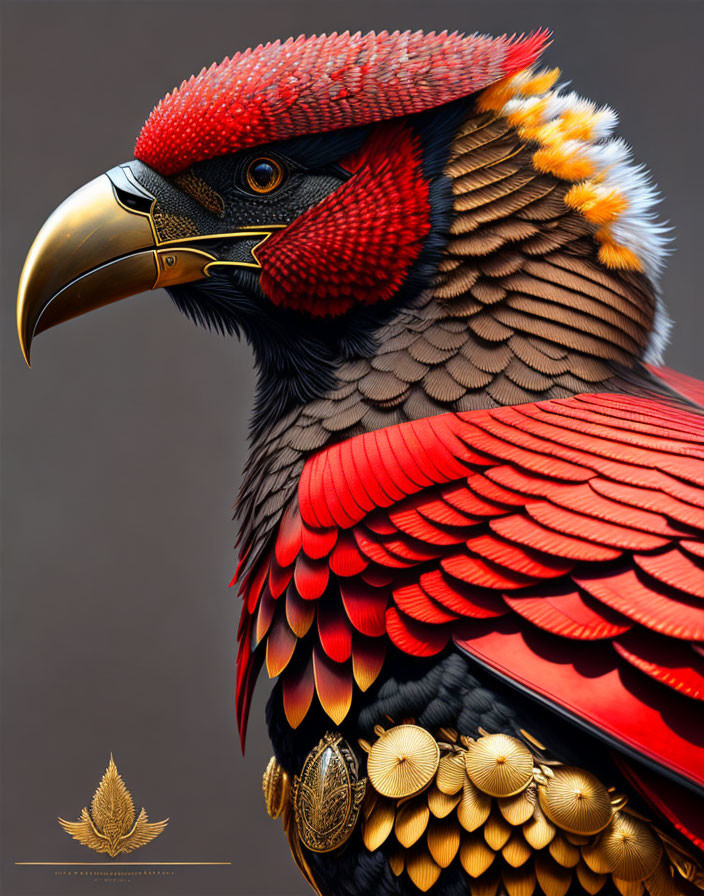 Mythical bird-human hybrid with gold beak guard and red feathers