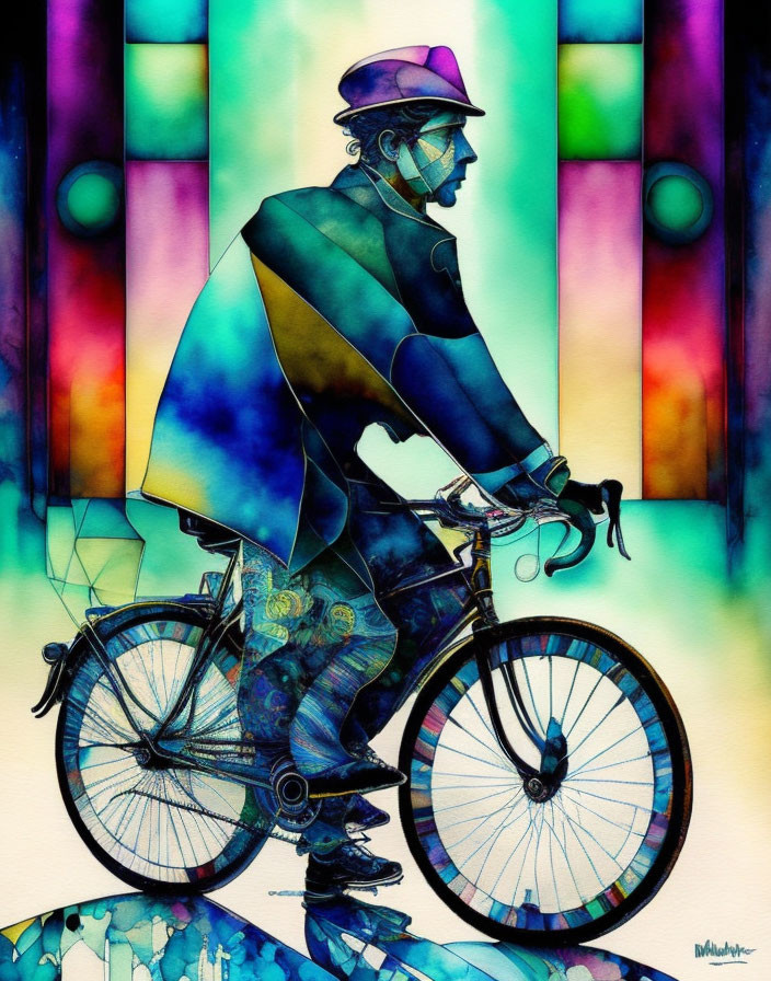 Vibrant watercolor illustration of person on bicycle against stained glass backdrop