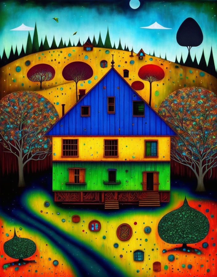 Colorful Surrealist Painting: Blue and Yellow House, Whimsical Trees, Crescent Moons