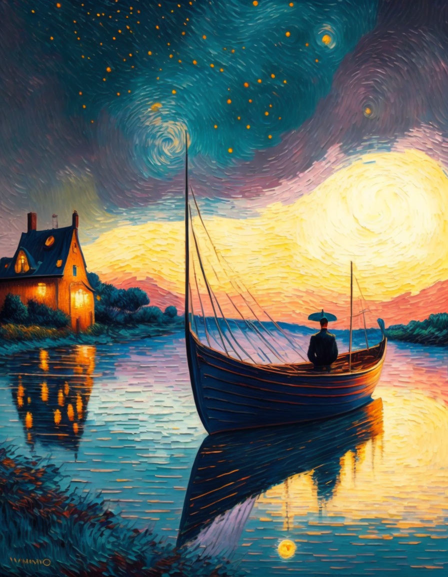 Tranquil river scene at dusk with starry sky and warm-lit house