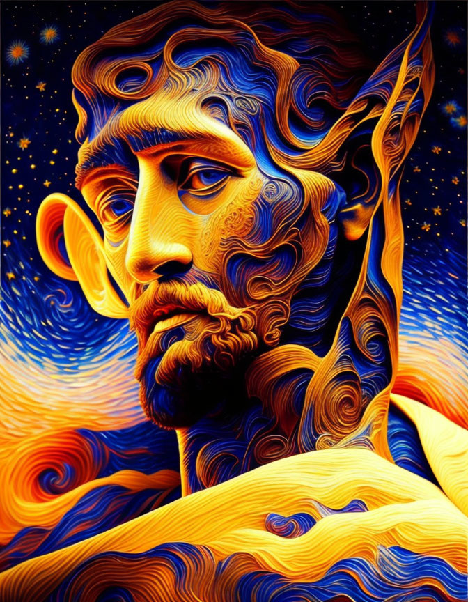 Colorful portrait of a bearded man with swirling patterns and star motifs in van Gogh style