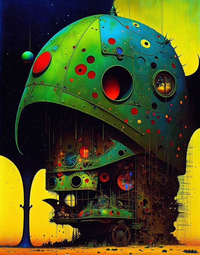 Colorful fantastical helmet-like structure illustration on yellow-green backdrop