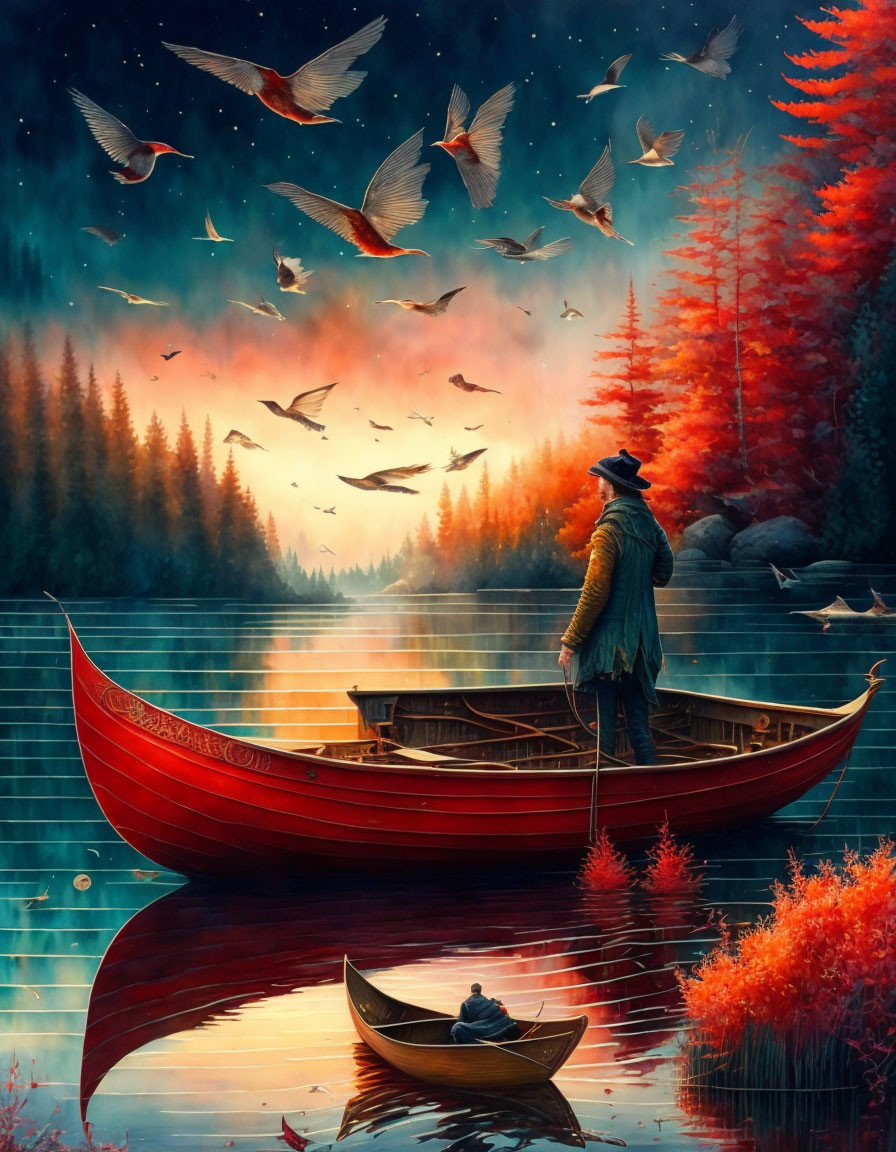 Person in boat on serene lake in autumnal forest with birds flying at sunset