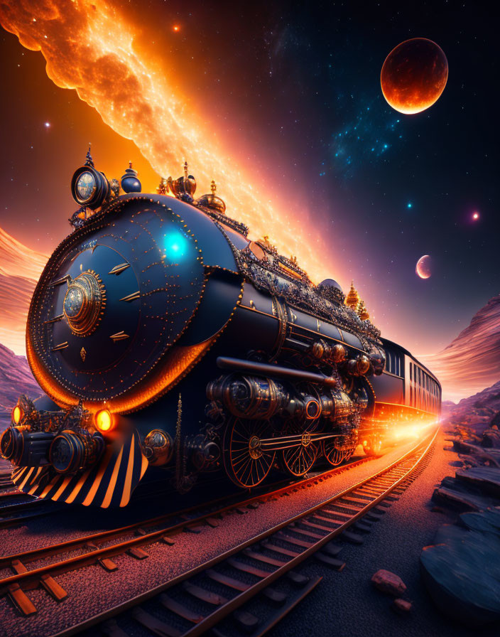 Ornate steam train travels through desert under cosmic sky